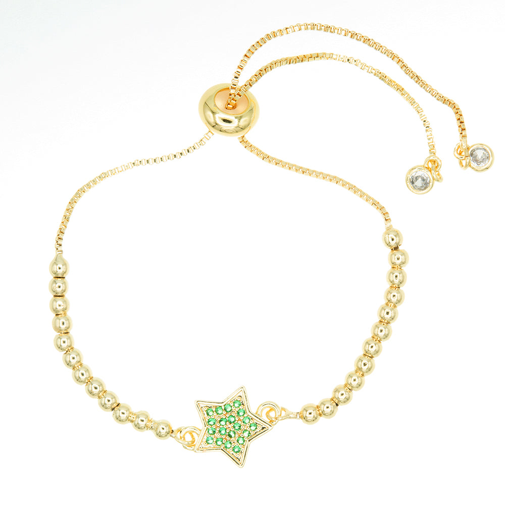 Pulsera ajustable de chapa de oro con dije de estrella y piedra verde