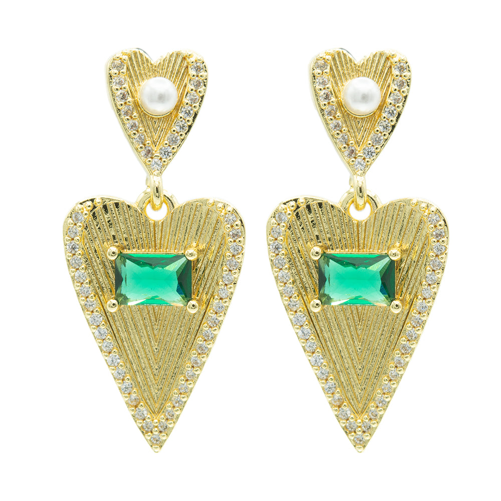 Aretes texturizados con perla blanca y piedra verde