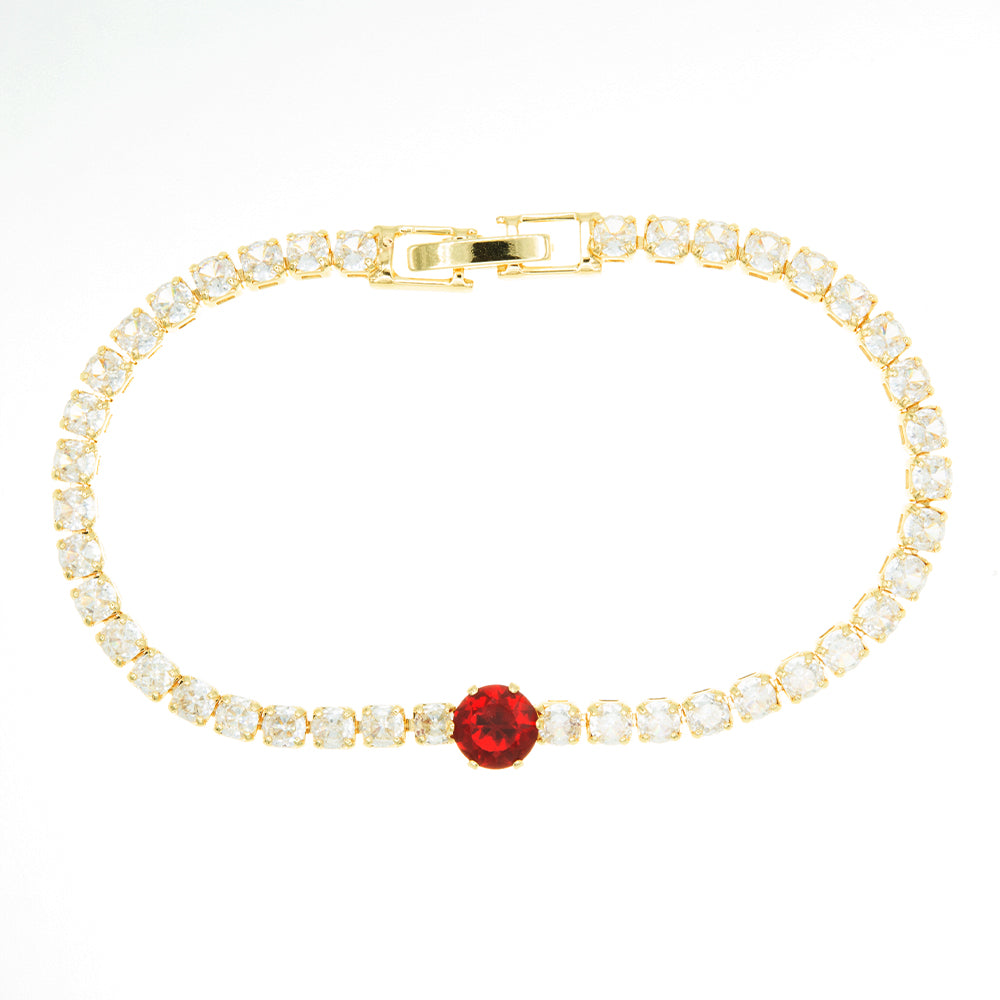 Pulsera de chapa de oro estilo tenis con piedras blancas y dije rojo