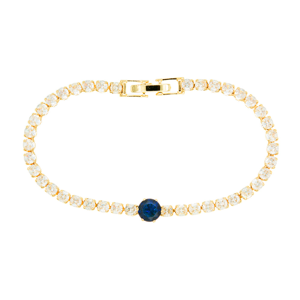 Pulsera de chapa de oro estilo tenis con piedra blanca y azul