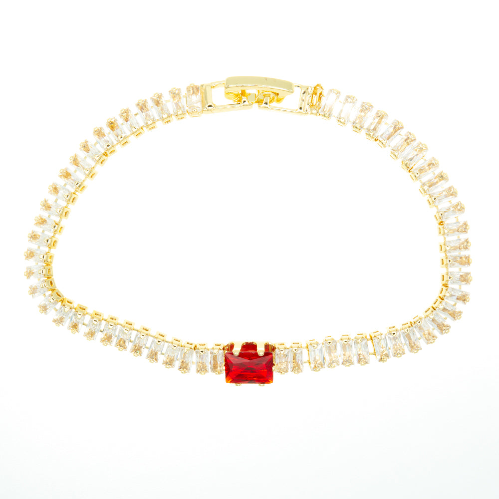 Pulsera de chapa de oro estilo tenis con piedra blanca y rojo