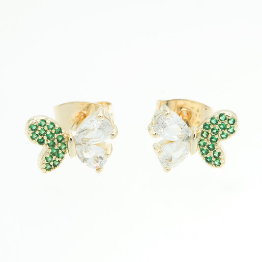 Broqueles dual con zirconias blancas y color esmeralda en forma de mariposa